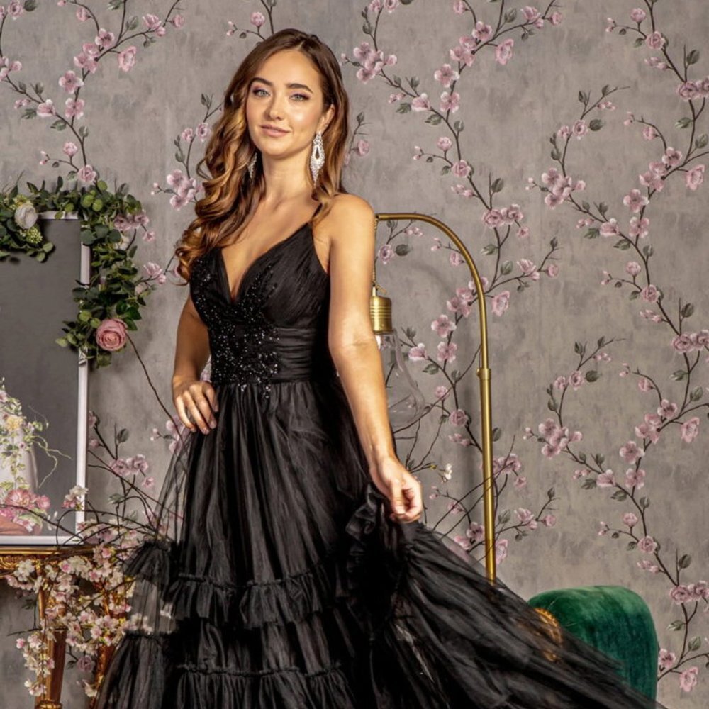 NEW LONG FORMAL SLEELVEESS A-LINE MESH DRESS EMBROIDERED WITH SEQUINS GL3452
